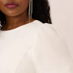 Plus Size Puff Short Sleeve Sheath Dress With Ruffle Accent In Ivory 9 Plus Size Puff Short Sleeve Sheath Dress With Ruffle Accent In Ivory -Glam Mirth Sales MN1E208448 AA194 Plus Lifestyle