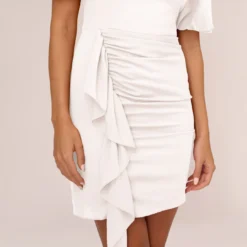 Puff Short Sleeve Sheath Dress With Ruffle Accent In Ivory -Glam Mirth Sales MN1E208448 AA194 Regular Lifestyle