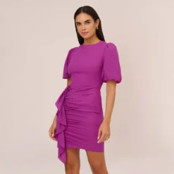 Puff Short Sleeve Sheath Dress With Ruffle Accent In Wild Orchid