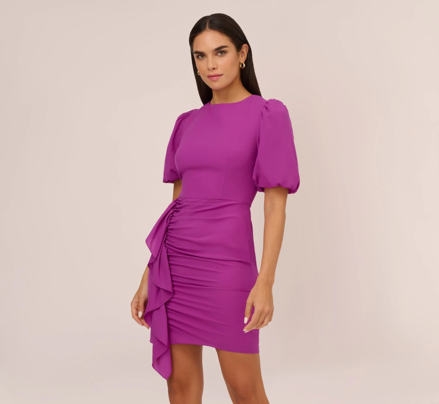 Puff Short Sleeve Sheath Dress With Ruffle Accent In Wild Orchid 1 Puff Short Sleeve Sheath Dress With Ruffle Accent In Wild Orchid