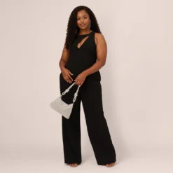 Plus Size Knit Crepe Wide Leg Jumpsuit With Cutout Accent In Black